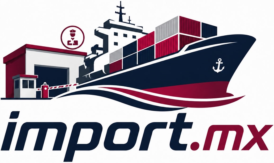 El logotipo anterior: un barco portacontenedores, una bodega, una reja y una insignia dibujados sobre el nombre import.mx y el eslogan Conectamos tu negocio con el mundo